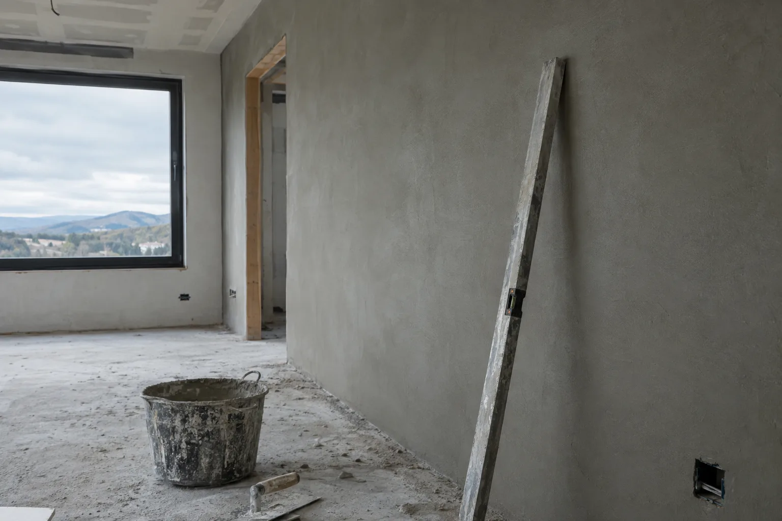 Pared recién enfoscada con mortero gris y la regla apoyada