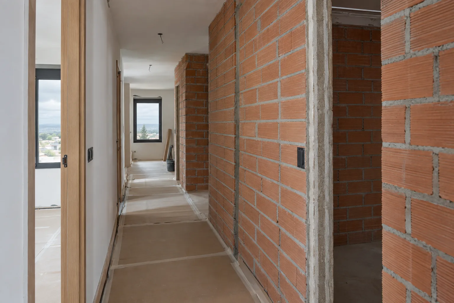 Vivienda en obra con los tabiques nuevos levantados y las rozas cerradas